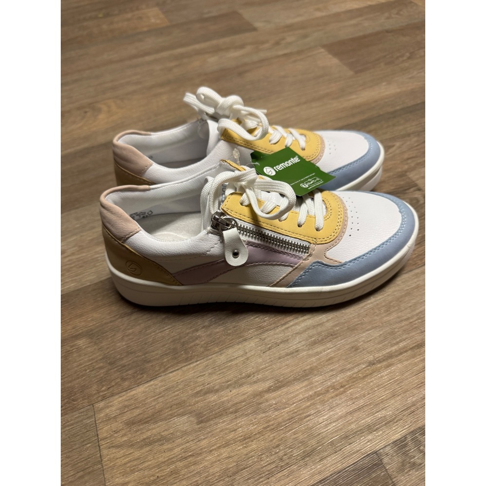 Remonte Women Pastel Colorblock Leather Sneakers Side Zip Low Top White Yellow - Picture 2 of 9